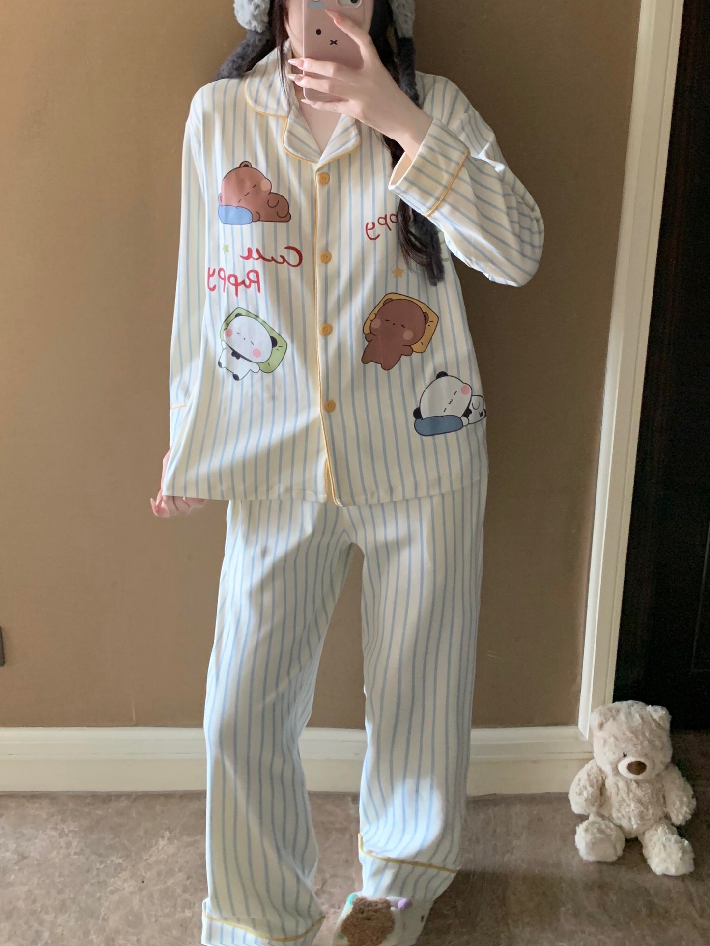 一二布布线条款卡通长袖睡衣 Bubu Dudu Line Art Cartoon Long Sleeve Pajama Set 🐻💤
