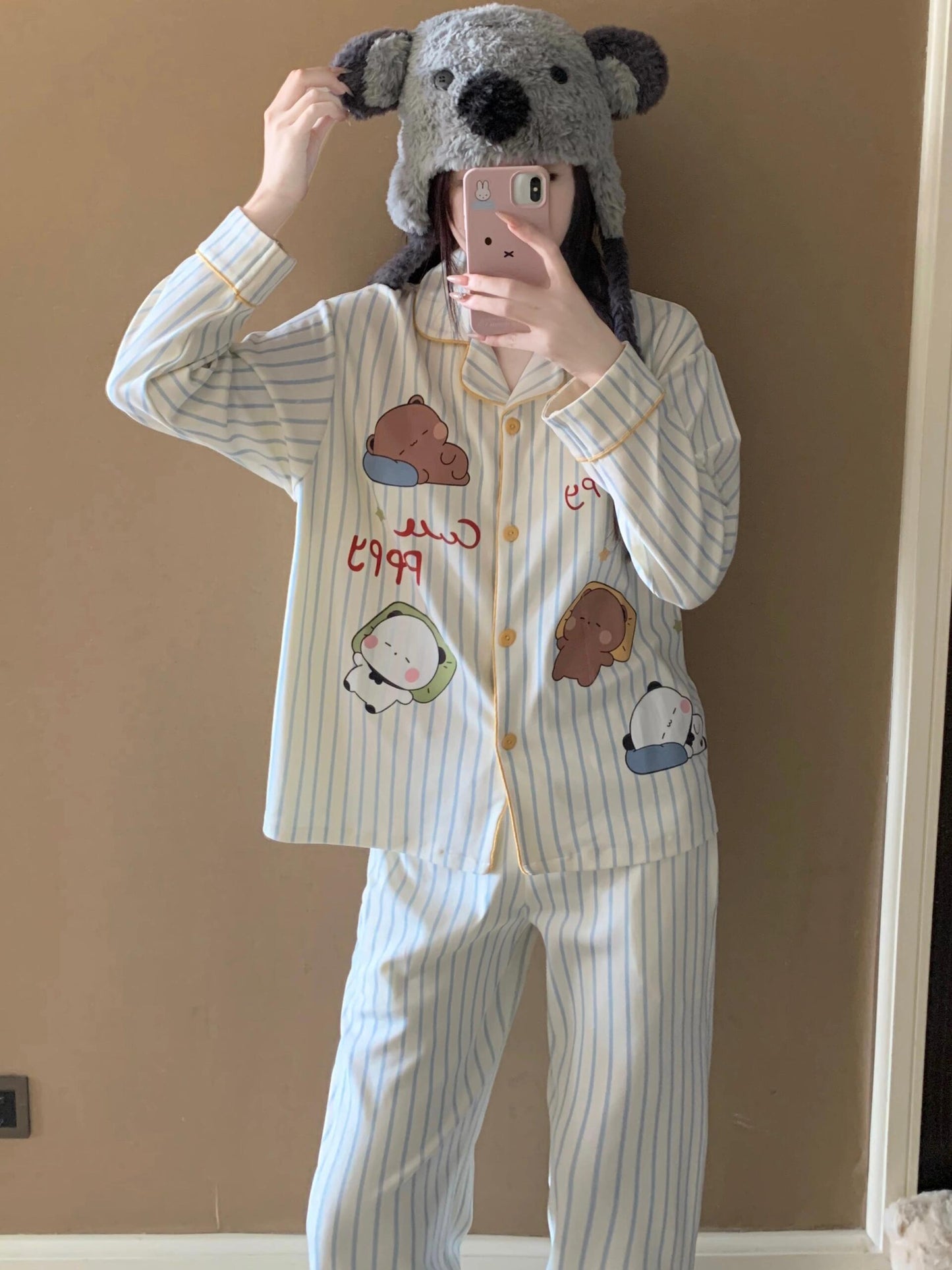 一二布布线条款卡通长袖睡衣 Bubu Dudu Line Art Cartoon Long Sleeve Pajama Set 🐻💤