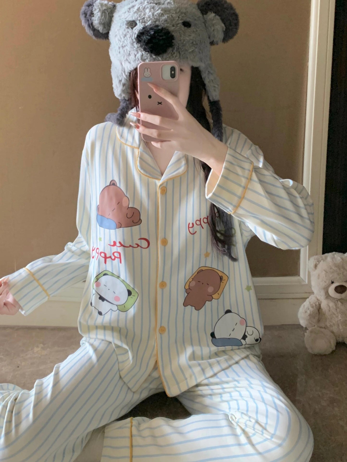 一二布布线条款卡通长袖睡衣 Bubu Dudu Line Art Cartoon Long Sleeve Pajama Set 🐻💤