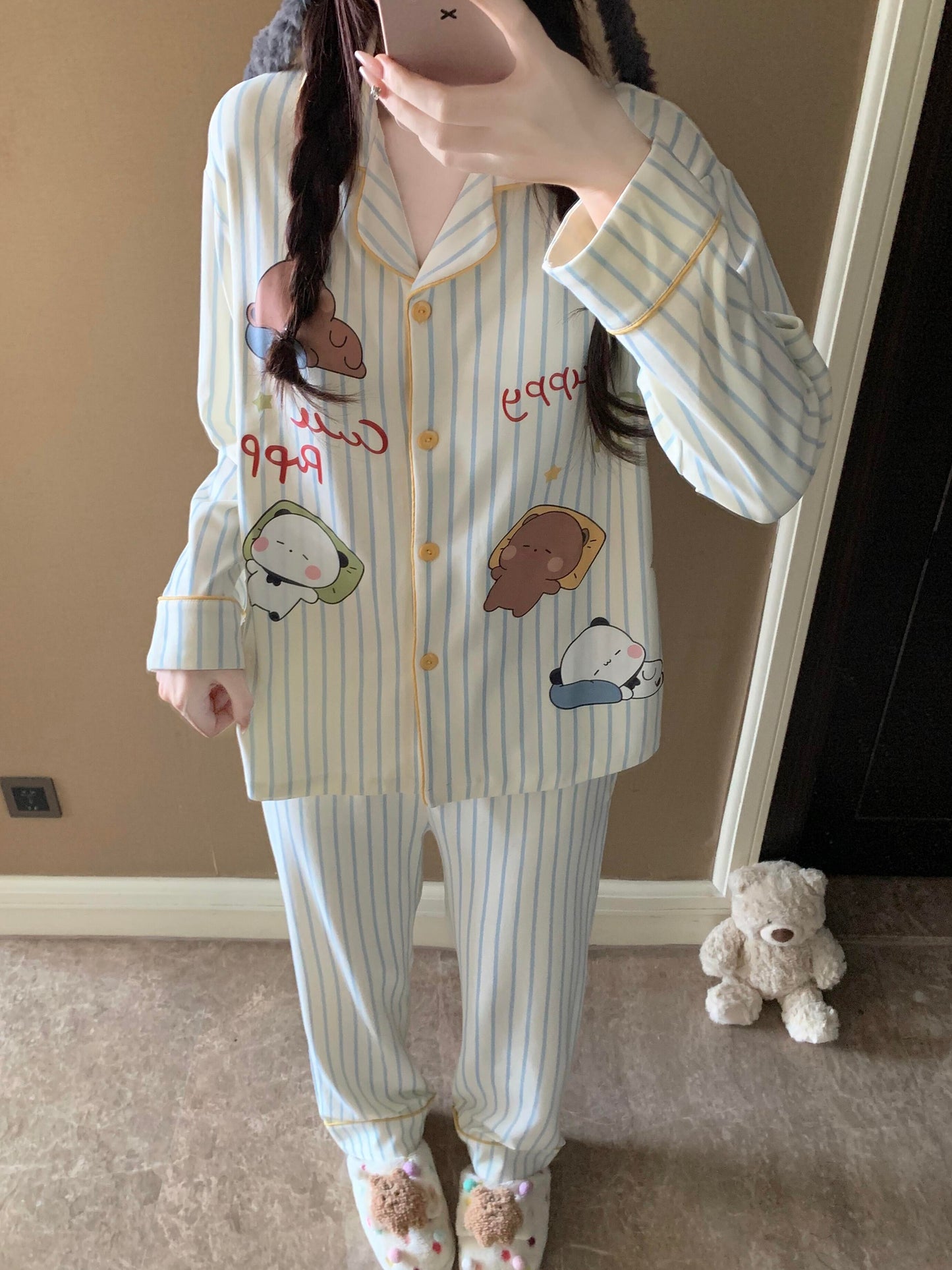 一二布布线条款卡通长袖睡衣 Bubu Dudu Line Art Cartoon Long Sleeve Pajama Set 🐻💤