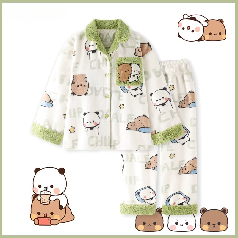 一二布布情侣珊瑚绒加厚睡衣 (青色) Couple Coral Fleece Pajama Set (Green)