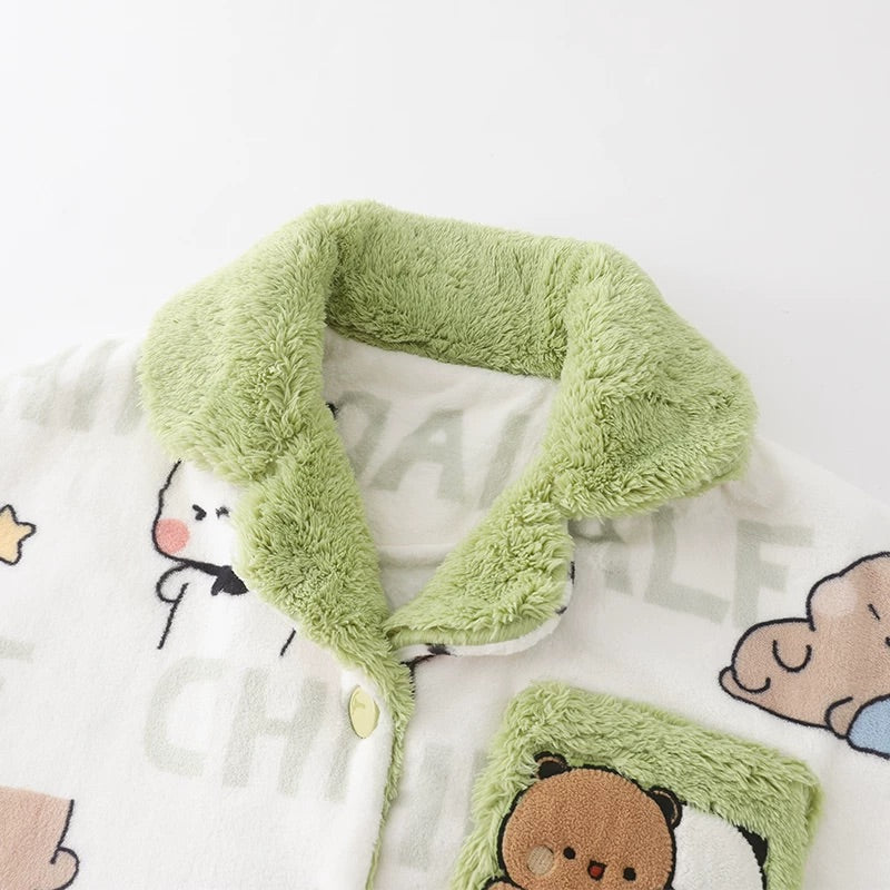 一二布布情侣珊瑚绒加厚睡衣 (青色) Couple Coral Fleece Pajama Set (Green)