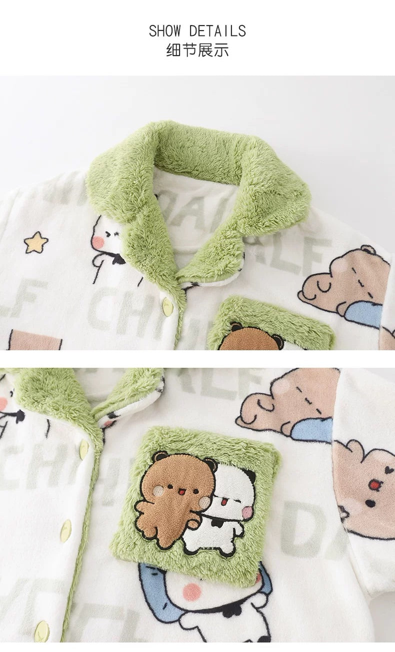 一二布布情侣珊瑚绒加厚睡衣 (青色) Couple Coral Fleece Pajama Set (Green)