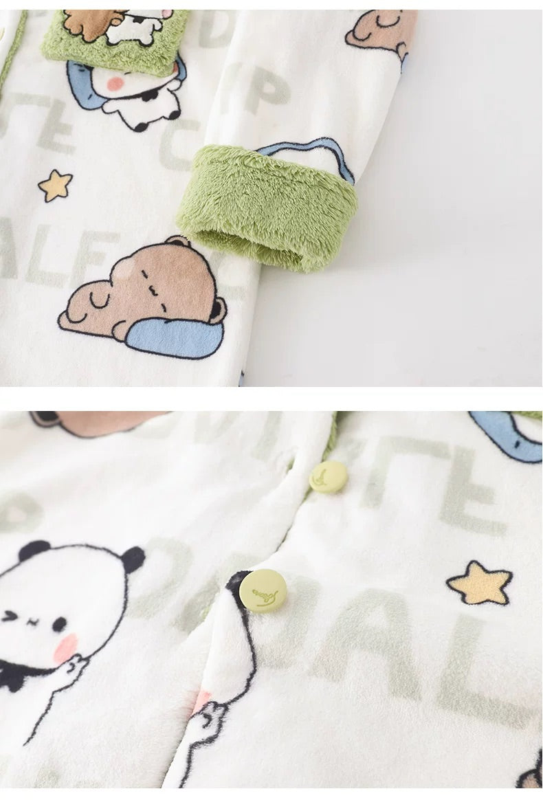 一二布布情侣珊瑚绒加厚睡衣 (青色) Couple Coral Fleece Pajama Set (Green)