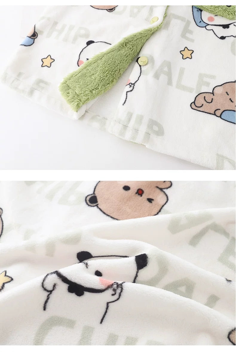一二布布情侣珊瑚绒加厚睡衣 (青色) Couple Coral Fleece Pajama Set (Green)